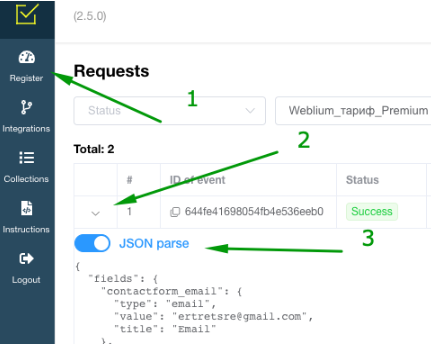 JSON view of the received data in LeadBox